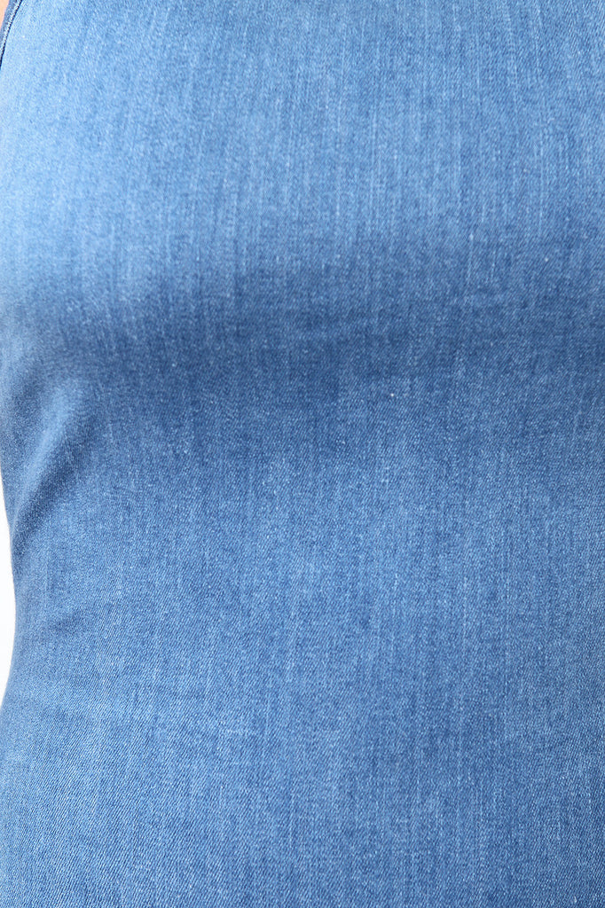 Denim Square Neck Spaghetti Strap Knee Slit Jumpsuit