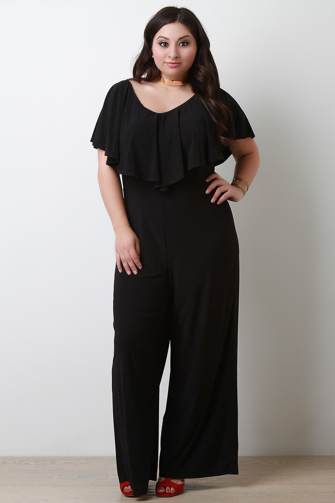 V Neck Ruffle Trim Wide Leg Jumpsuit