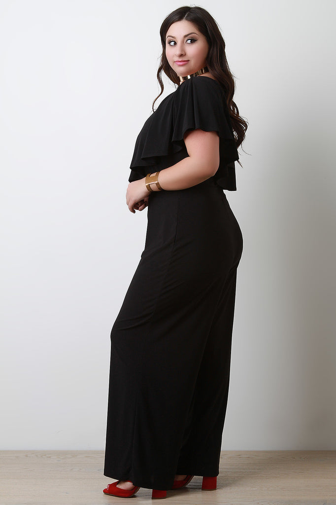 V Neck Ruffle Trim Wide Leg Jumpsuit