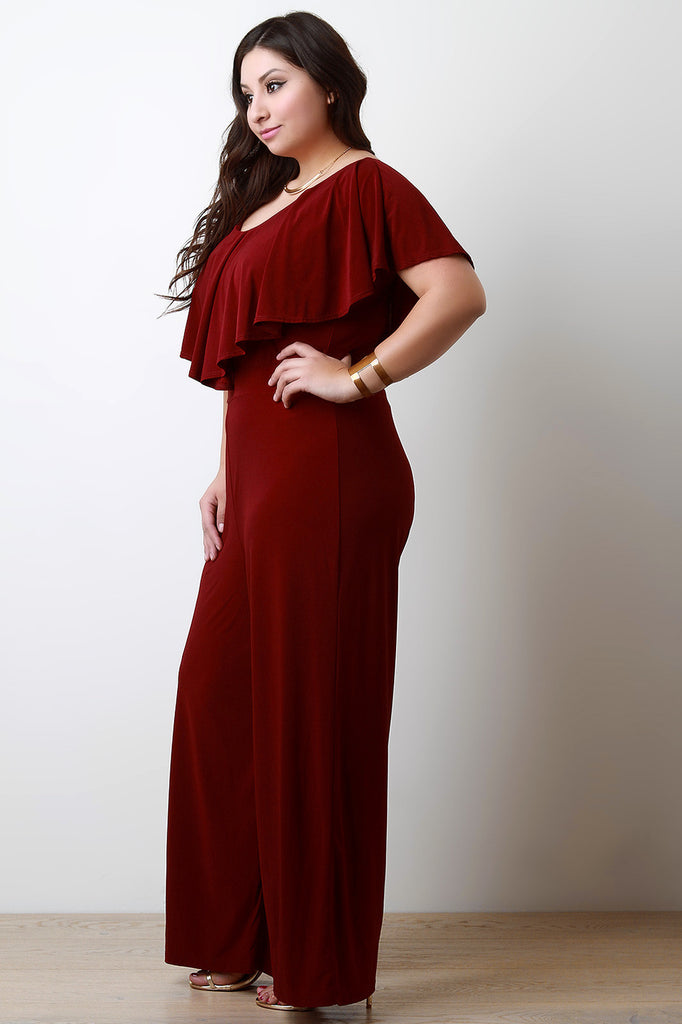 V Neck Ruffle Trim Wide Leg Jumpsuit