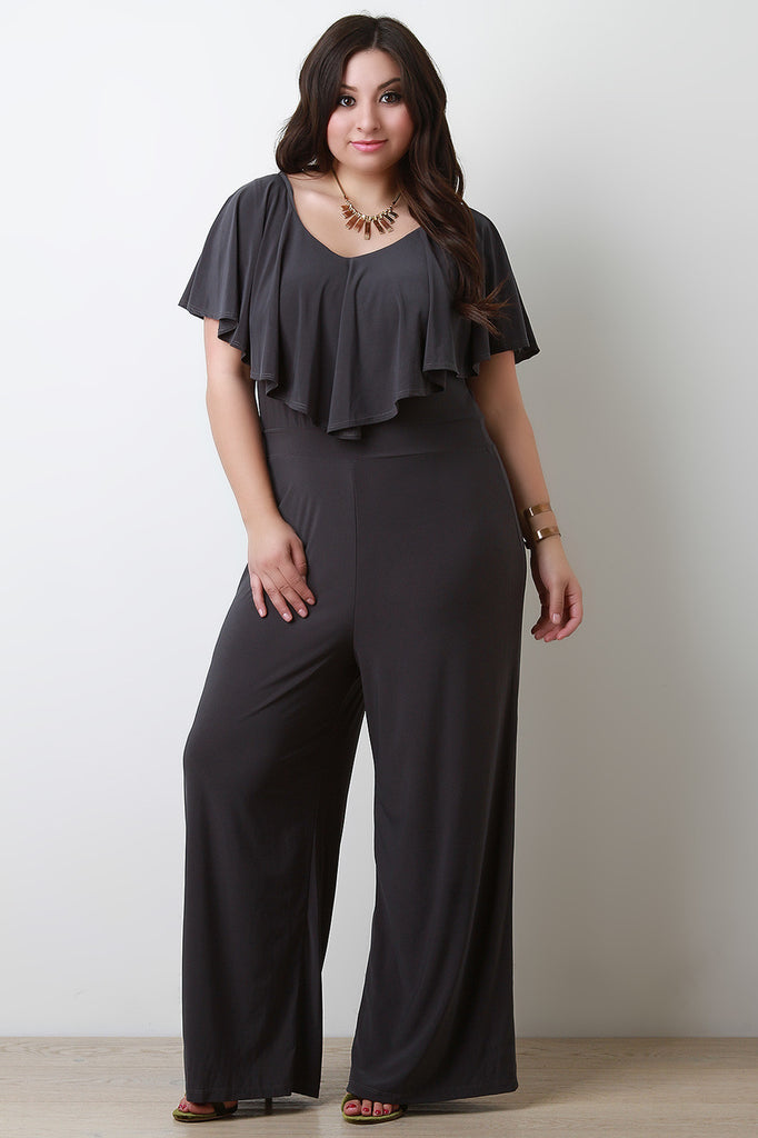 V Neck Ruffle Trim Wide Leg Jumpsuit