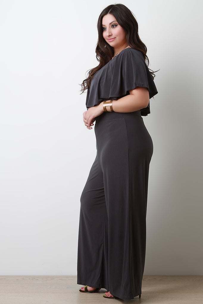 V Neck Ruffle Trim Wide Leg Jumpsuit