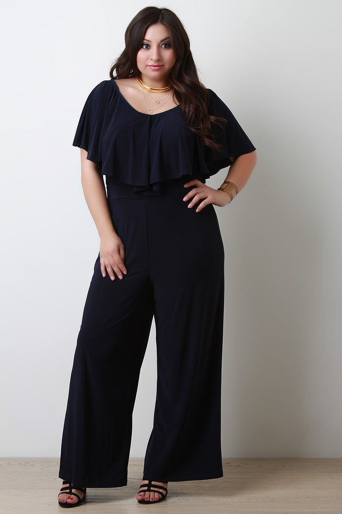 V Neck Ruffle Trim Wide Leg Jumpsuit