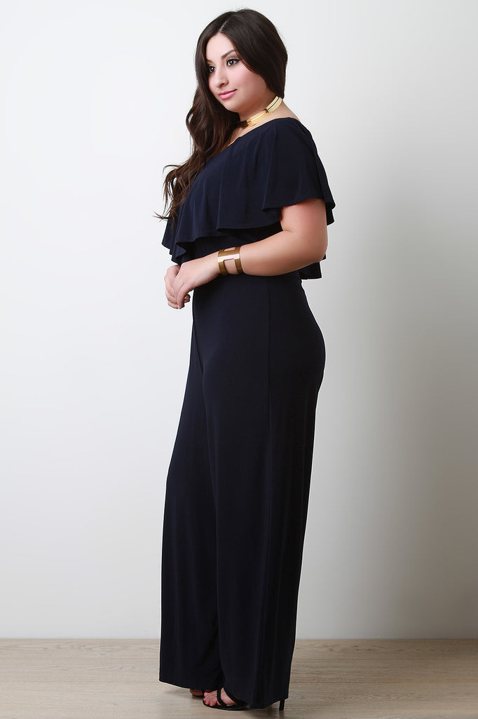 V Neck Ruffle Trim Wide Leg Jumpsuit