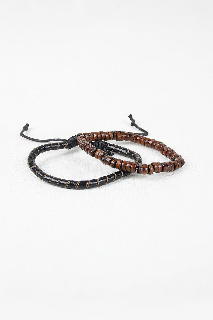 Leather And Wood Bracelet Set