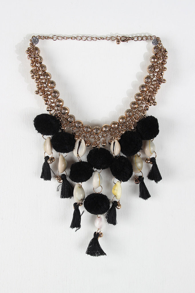 Pompom Cowries Shells Bib Necklace