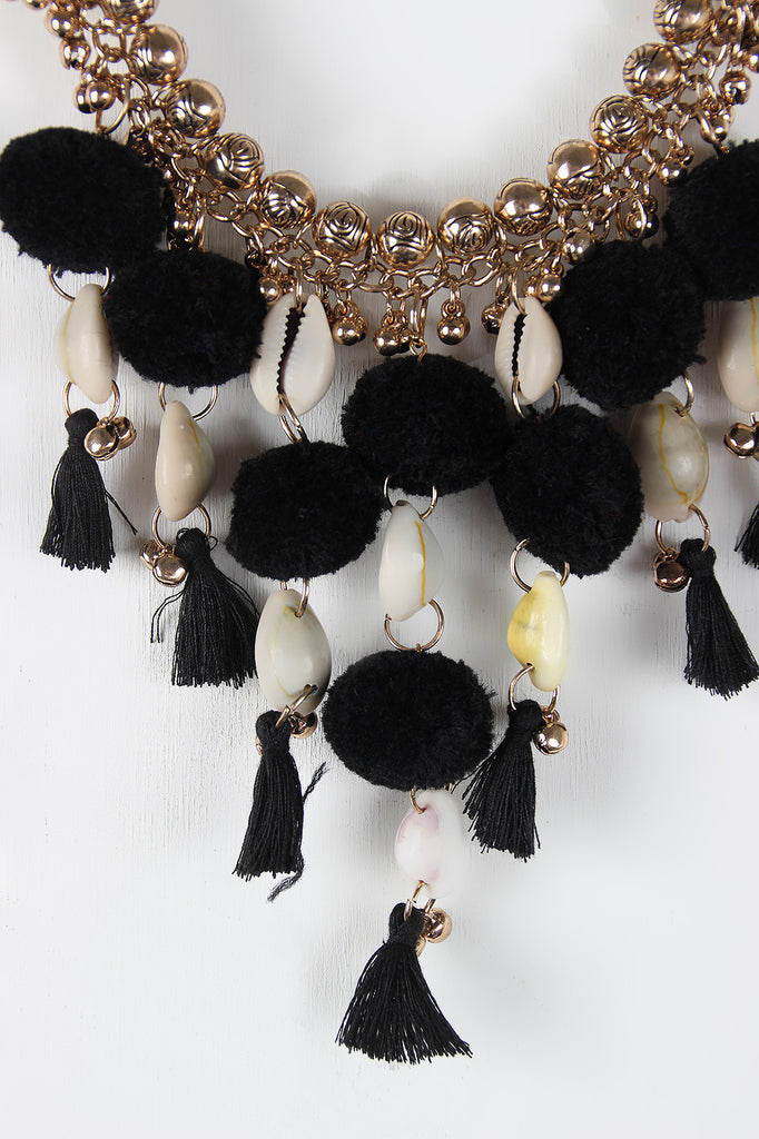 Pompom Cowries Shells Bib Necklace