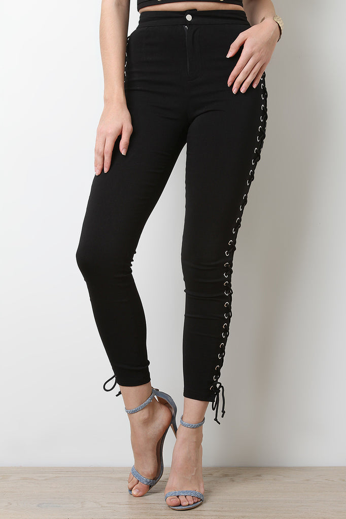 Open Side Grommet Lace-Up Solid Pants