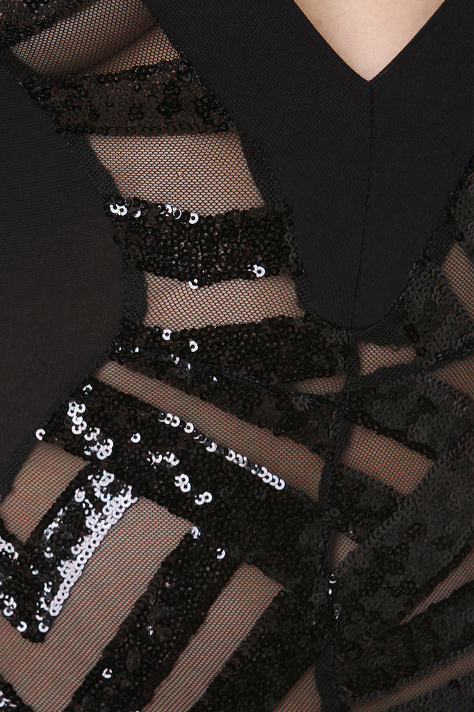 Chevron Sequin Plunging V-Neck Jumpsuit