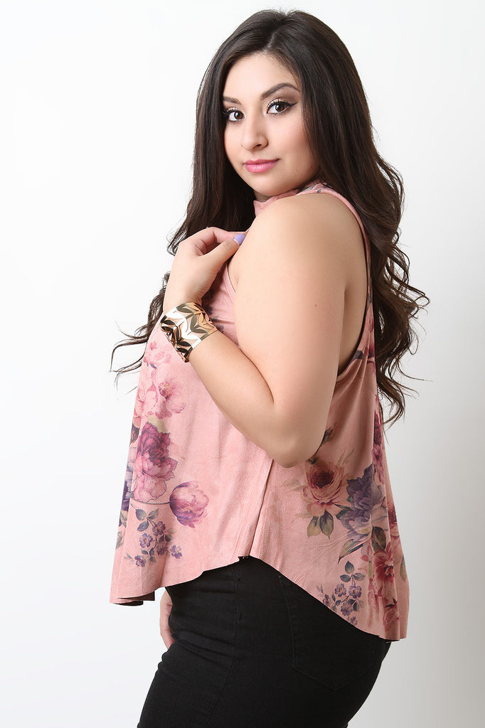 Vegan Suede Floral Sleeveless Top