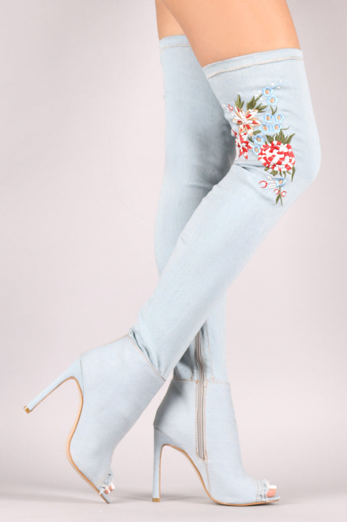Denim Stiletto Embroidered Floral Over The Knee Boots