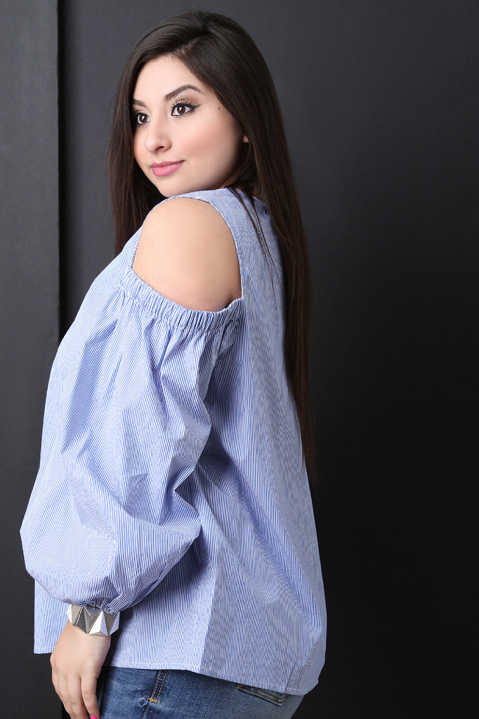 Striped Cold Shoulder Bishop Sleeve Top