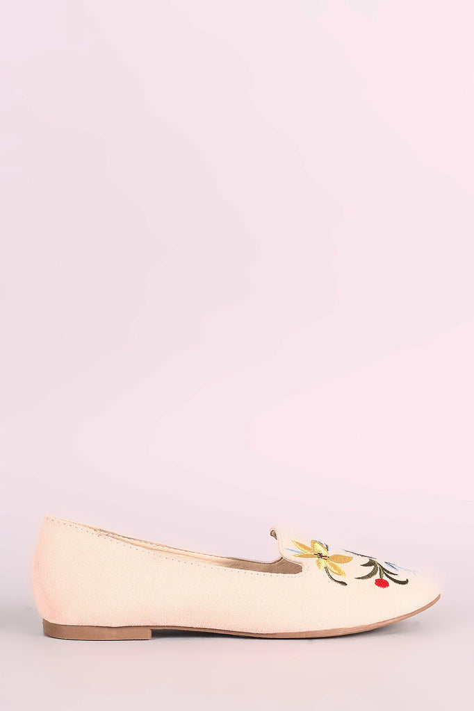 Qupid Embroidered Floral Suede Loafer Flat