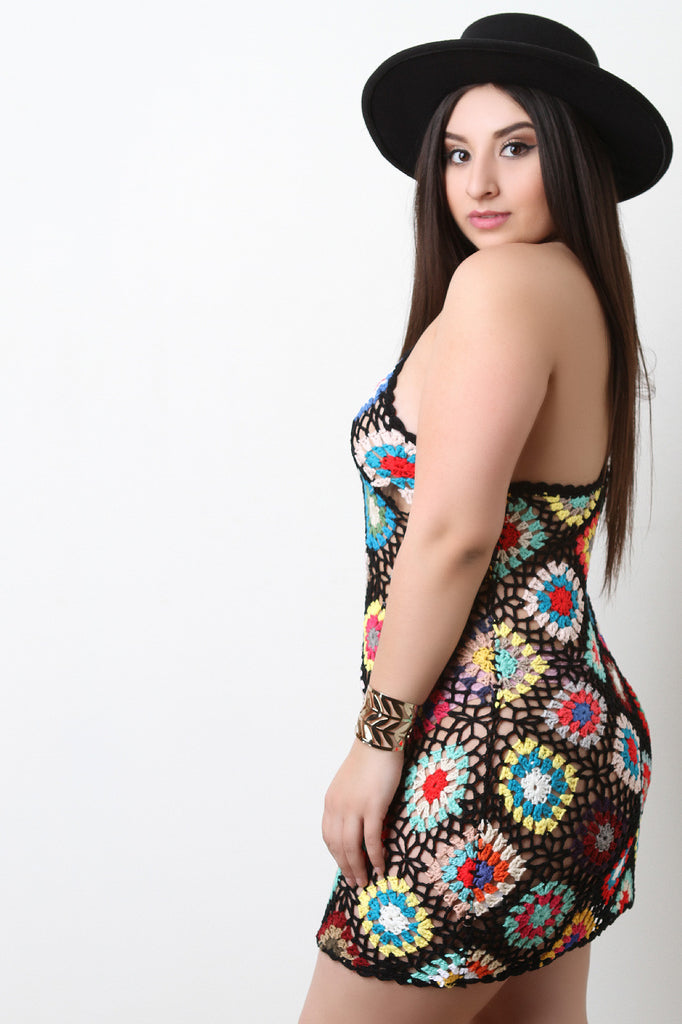 Multi Color Floral Crochet Halter Mini Dress