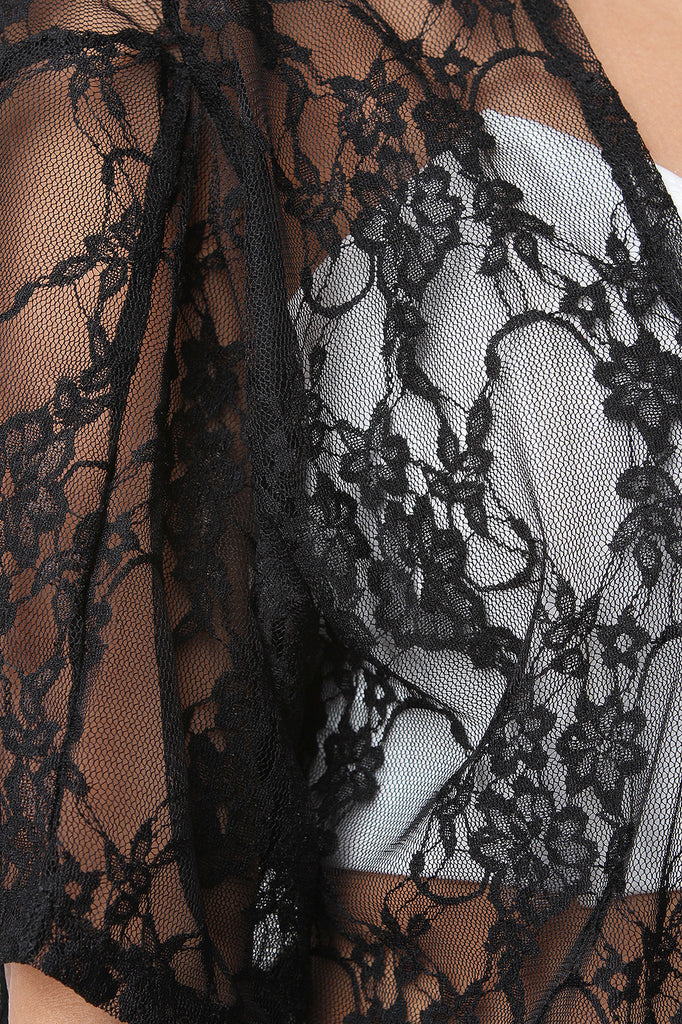 Semi-Sheer Lace Open Front Long Line Kimono