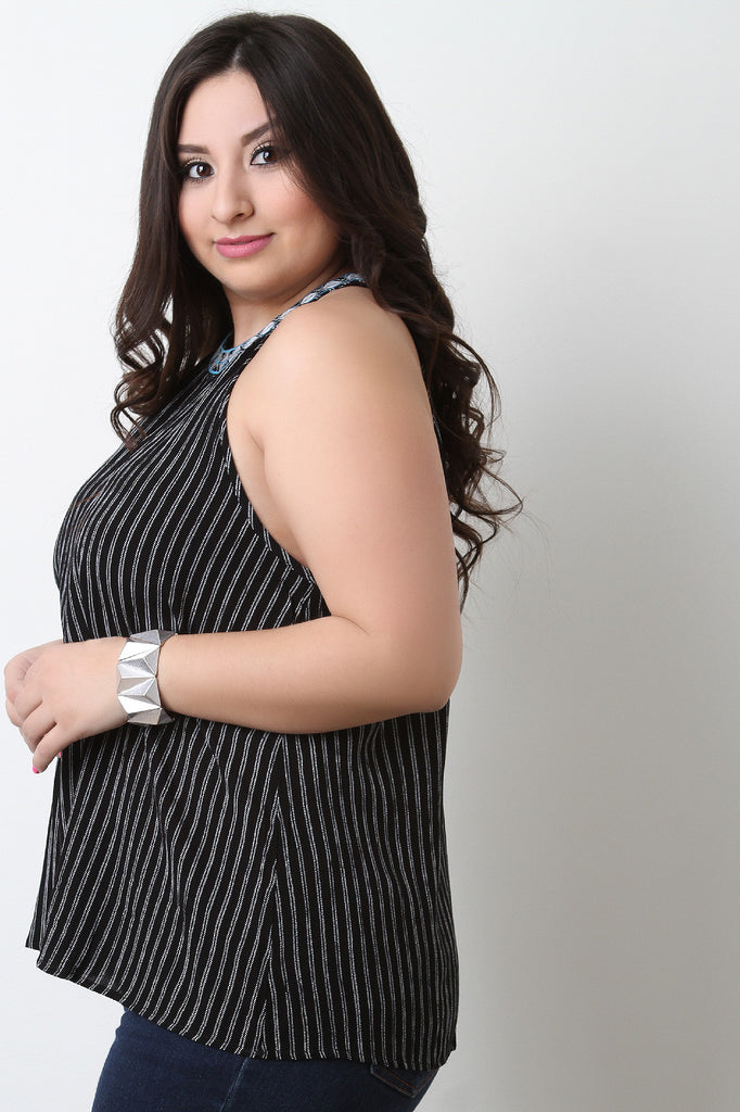 Sleeveless Embroidery Mock Neck Striped Top