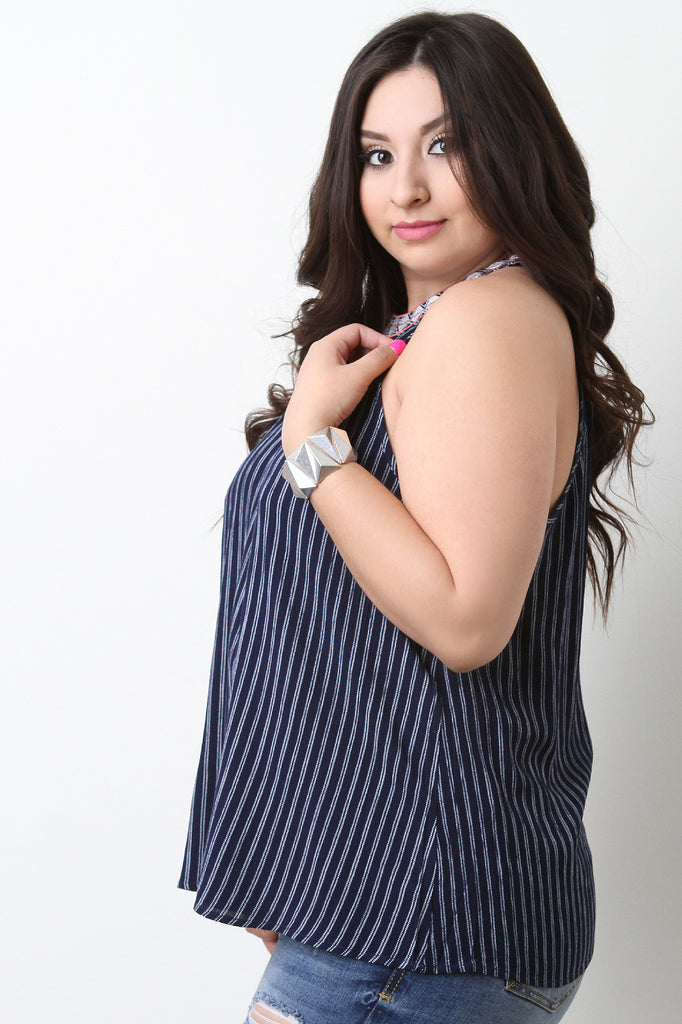 Sleeveless Embroidery Mock Neck Striped Top