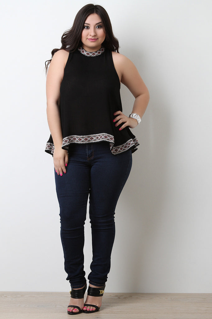 Sleeveless Embroidery Mock Neck Top