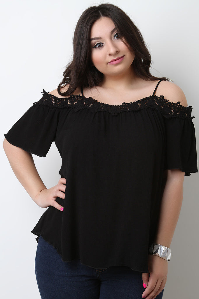 Floral Crochet Trim Cold Shoulder Top