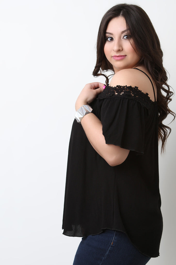 Floral Crochet Trim Cold Shoulder Top