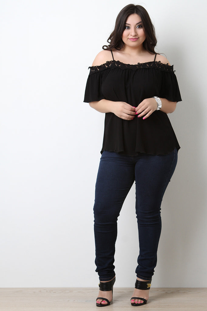 Floral Crochet Trim Cold Shoulder Top