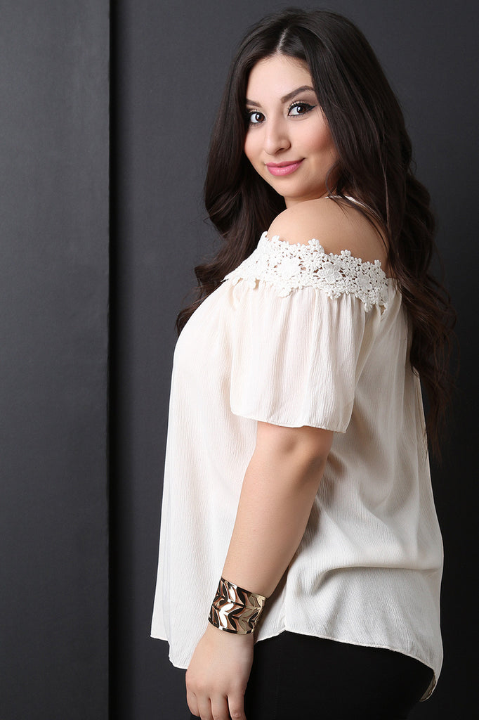 Floral Crochet Trim Cold Shoulder Top
