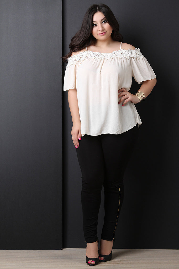 Floral Crochet Trim Cold Shoulder Top