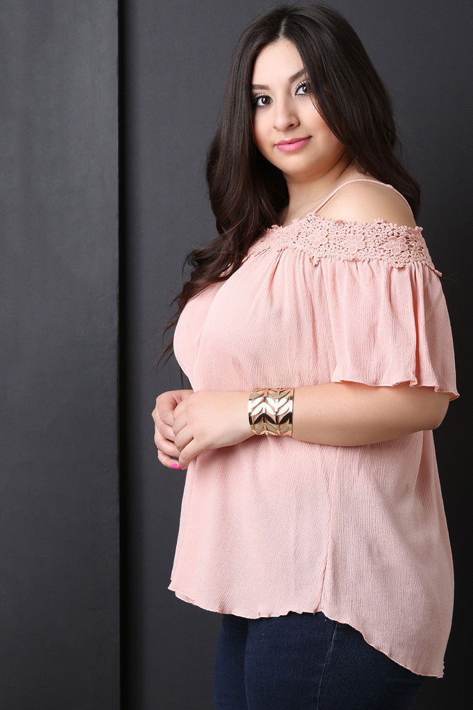 Floral Crochet Trim Cold Shoulder Top