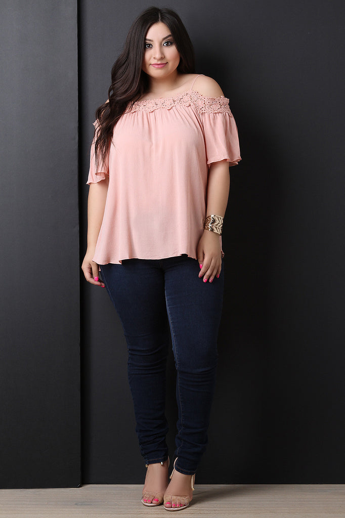 Floral Crochet Trim Cold Shoulder Top