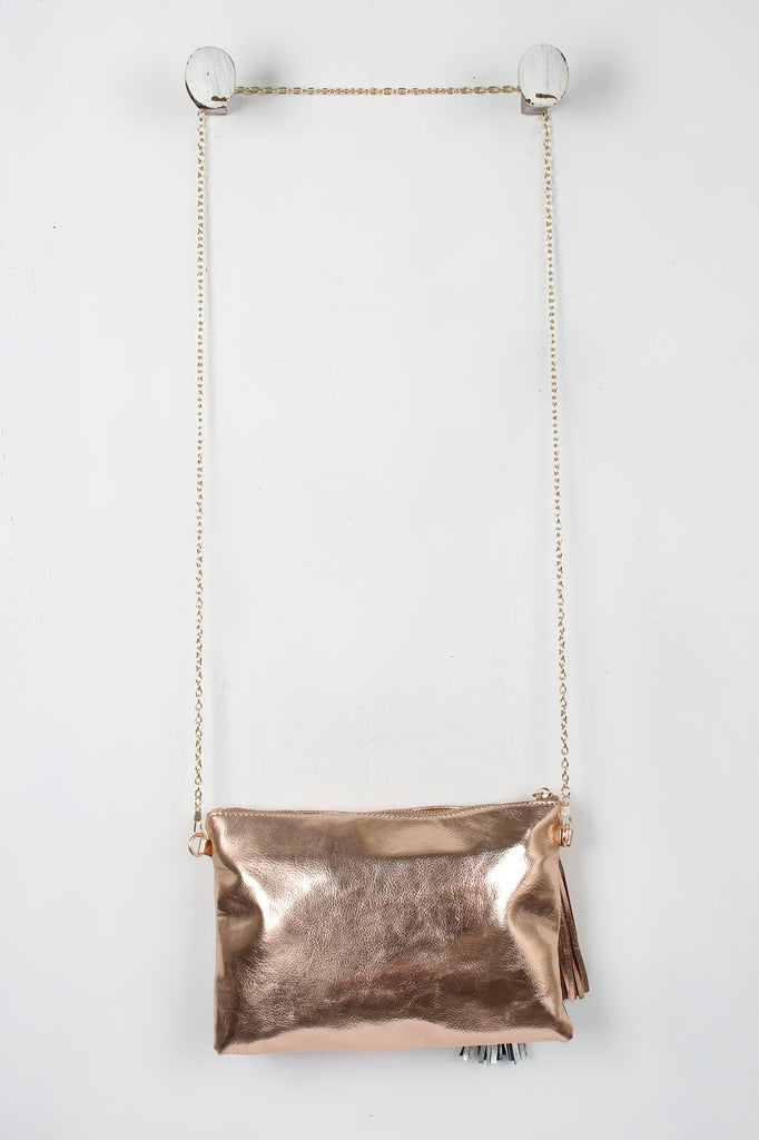 Metallic Tri-Color Tassel Crossbody Bag