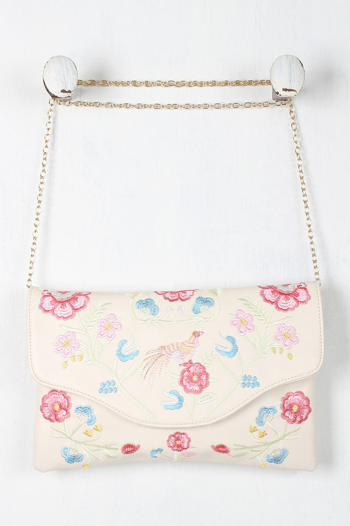 Embroidered Floral Bird Clutch Bag