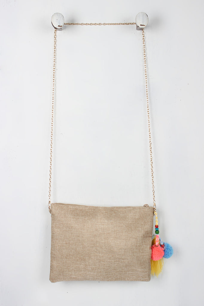 Embroidered Boho Beaded Pom Pom Bag