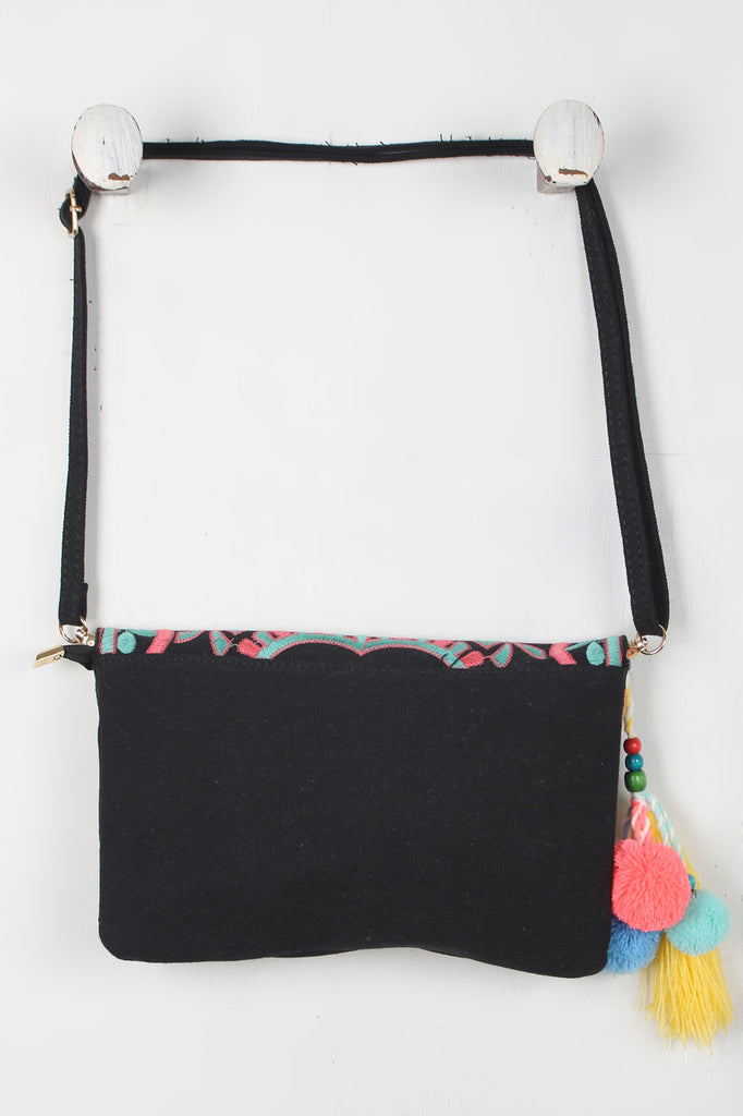 Tassel Pom Pom Embroidered Bag