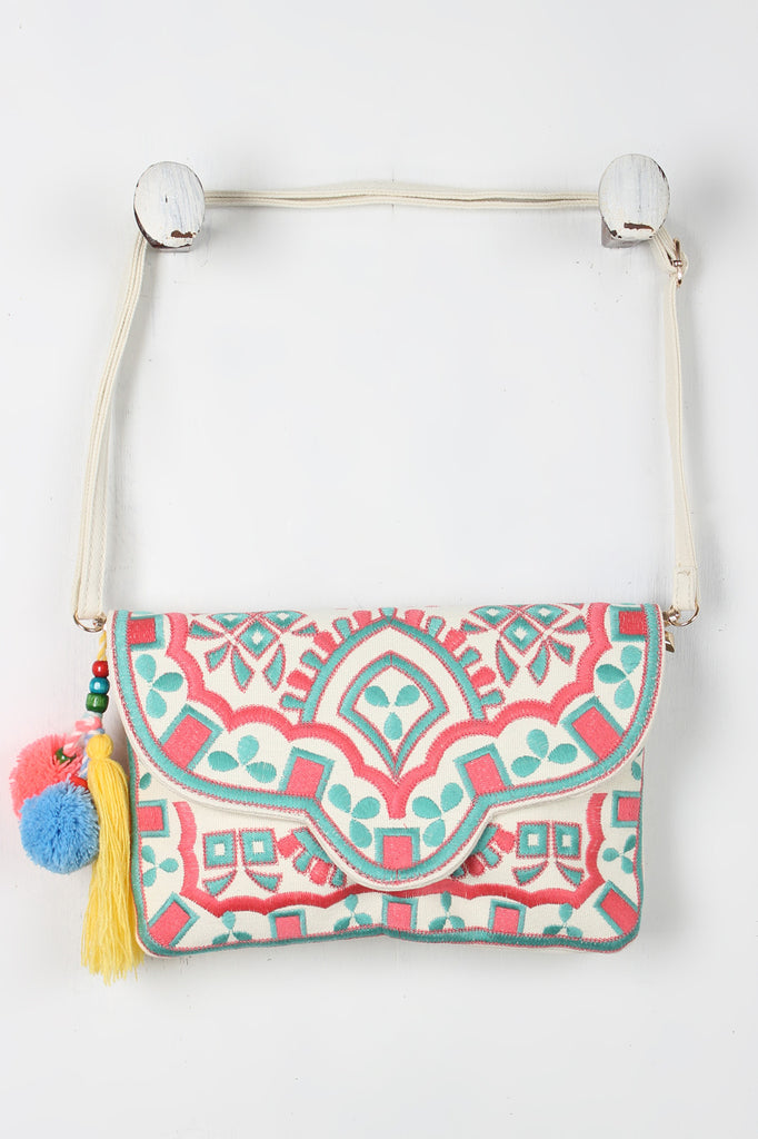 Tassel Pom Pom Embroidered Bag
