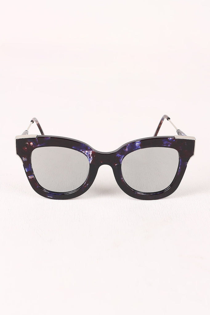 Printed Plastic Frame Metallic Accent Cat Eye Sunglasses