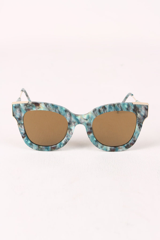 Printed Plastic Frame Metallic Accent Cat Eye Sunglasses