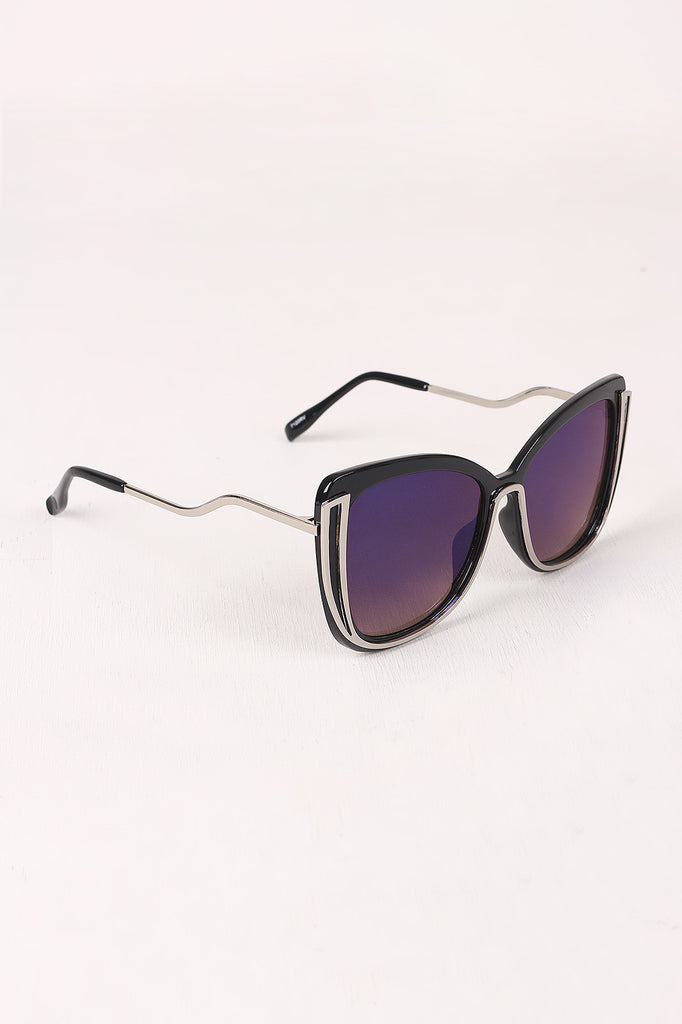 Wavy Arms Metallic Accent Mirrored Butterfly Sunglasses