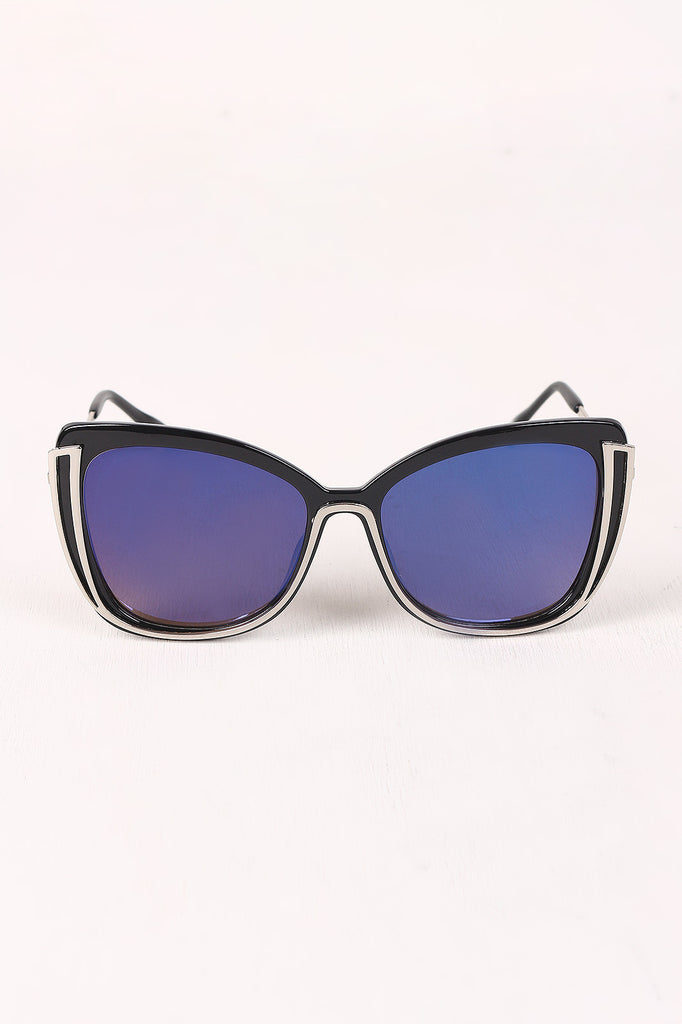 Wavy Arms Metallic Accent Mirrored Butterfly Sunglasses