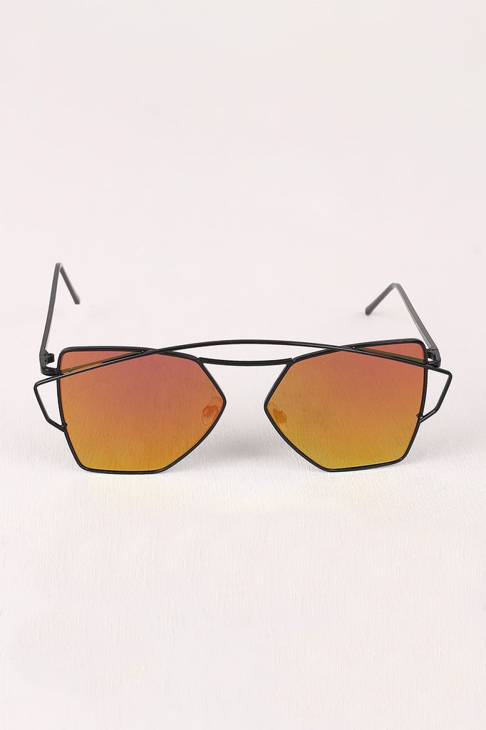 Geometric-Shape Mirrored Lens Double Brow Wire Frame Sunglasses