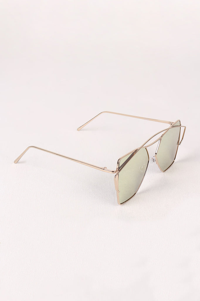 Geometric-Shape Mirrored Lens Double Brow Wire Frame Sunglasses