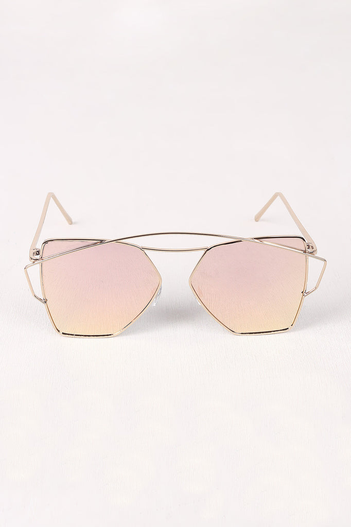 Geometric-Shape Mirrored Lens Double Brow Wire Frame Sunglasses