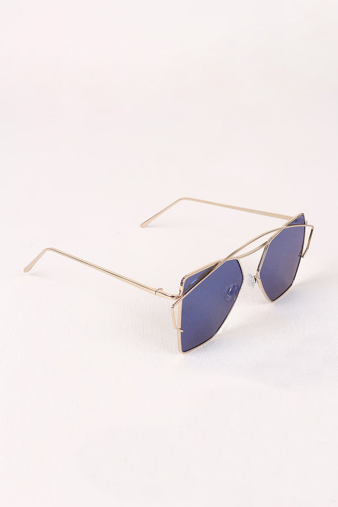 Geometric-Shape Mirrored Lens Double Brow Wire Frame Sunglasses