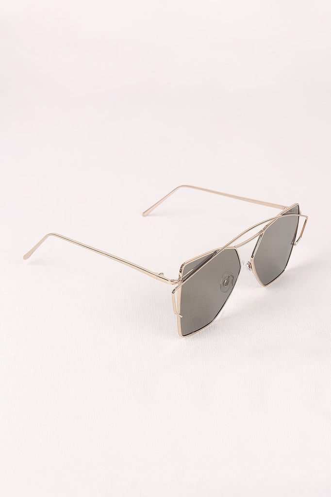 Geometric-Shape Mirrored Lens Double Brow Wire Frame Sunglasses