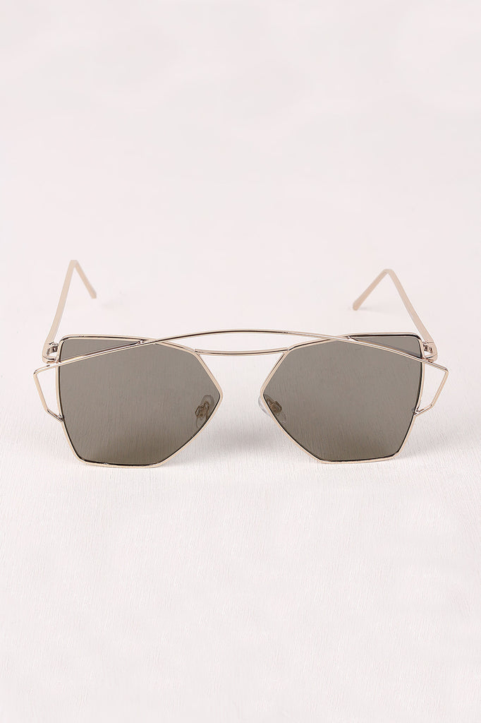 Geometric-Shape Mirrored Lens Double Brow Wire Frame Sunglasses