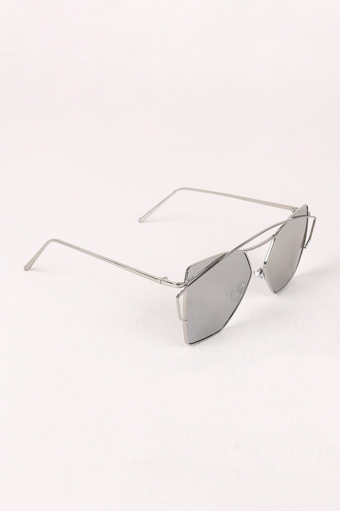 Geometric-Shape Mirrored Lens Double Brow Wire Frame Sunglasses