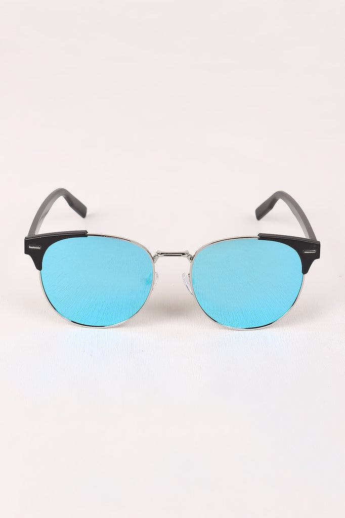 Round Mirrored Lens Cat Eye Clubmaster Sunglasses