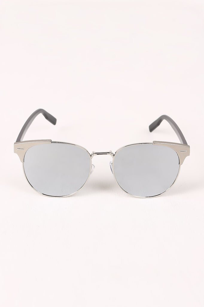 Round Mirrored Lens Cat Eye Clubmaster Sunglasses