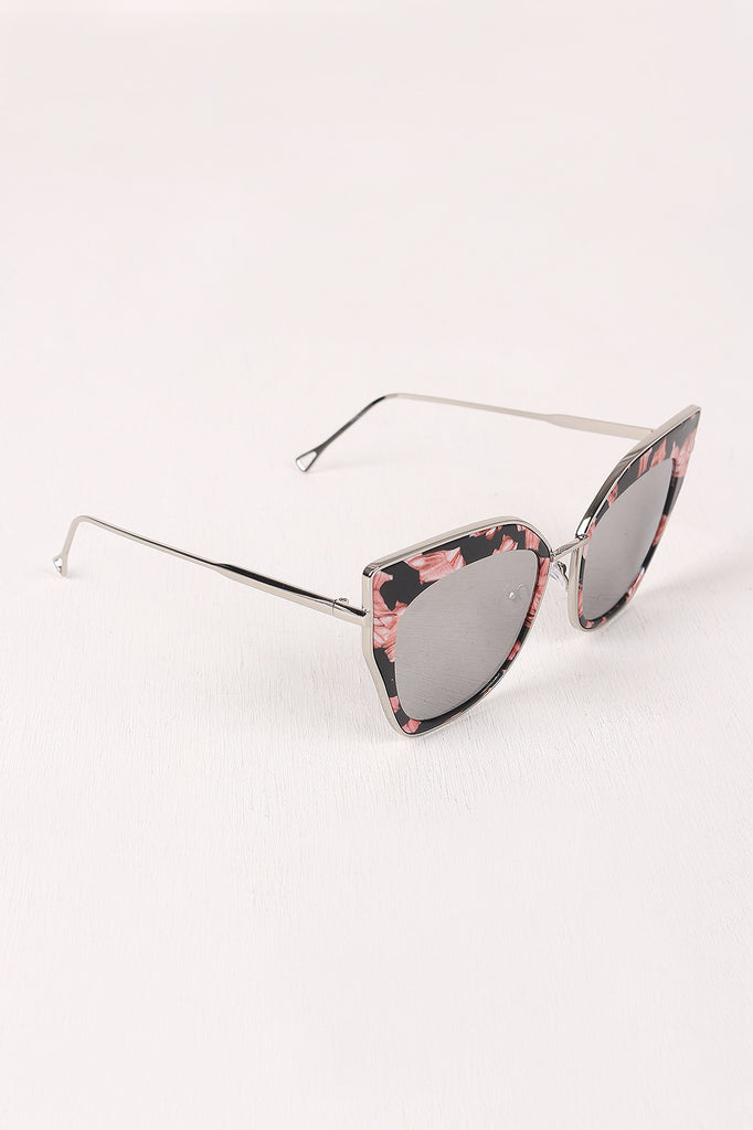 Printed Plastic And Metal Frame Mirrored Cat Eye Sunglasses