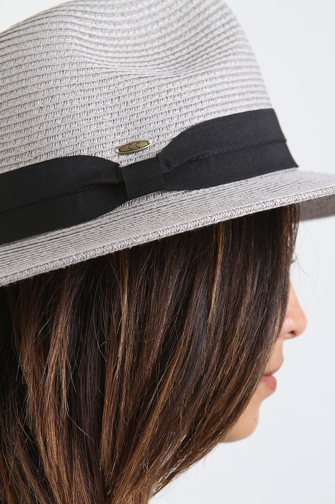 Stitched Straw Ribbon Trim Fedora Hat