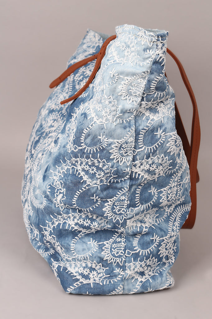Embroidered Paisley Reversible Denim Tote Bag